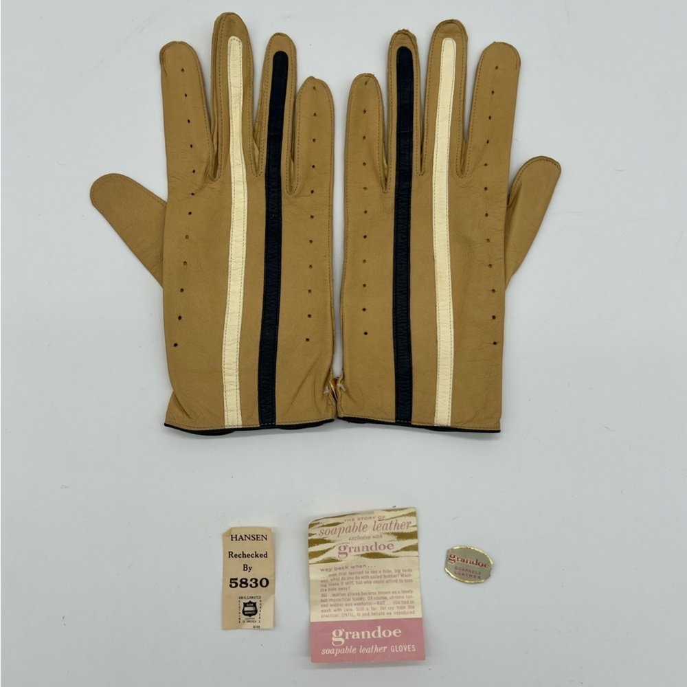 Vintage Granado Soapable Leather Gloves 7.5 Unworn Tan Black White‎ Stripes